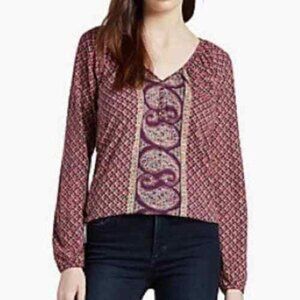 Lucky Brand Peasant Top Womens M Red Vibrant Petaluma Paisley Floral Boho V Neck